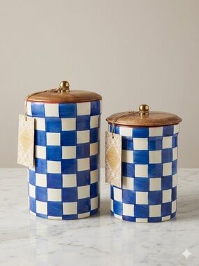 Blue & White Check Canisters with Wood Lids - Set of 2 (Large & Medium)